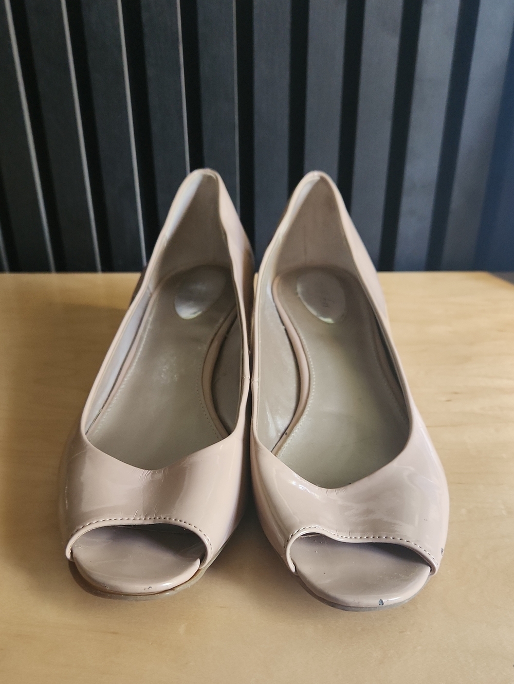 Alfani STEPflex Nude Patent Peep Toe Low Wedges Dress Shoes 9.5M